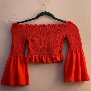 bright red off the shoulder tube top